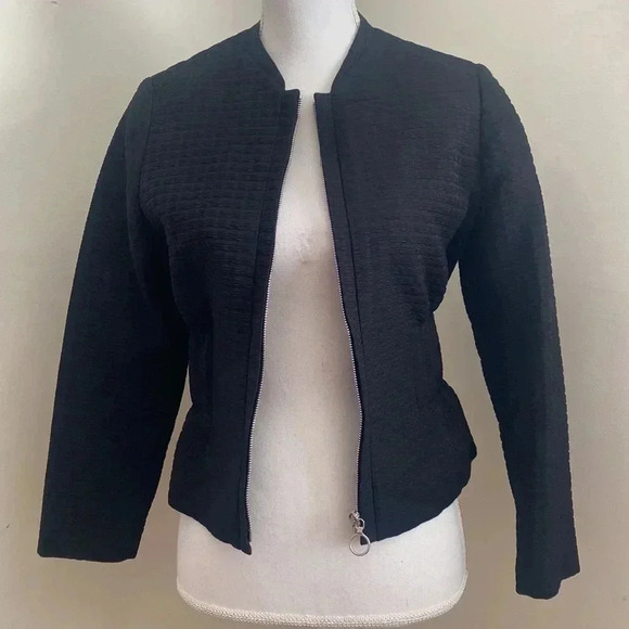 MAJE Vio Black Textured Zip Front Elastic Waist Bomber Jacket size S USA/36 EU - Picture 10 of 11